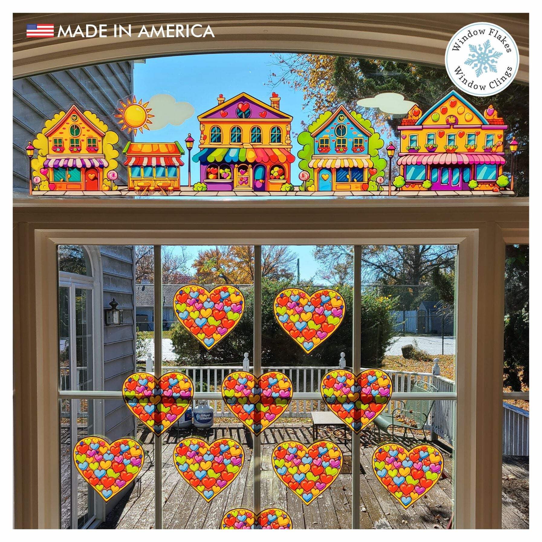 46" Valentine Street Scene Border Window Cling Decal. Part of the Rainbow Colors Candyland Bubblegum Collection. Made in America.