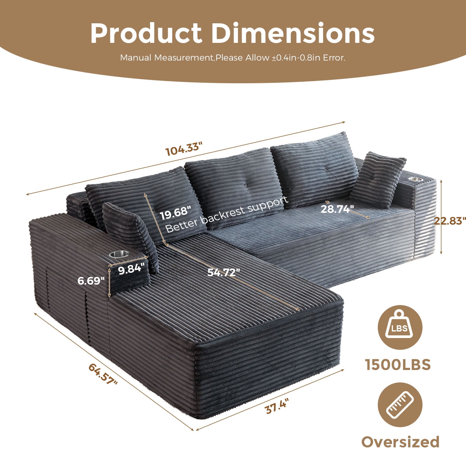 BYBYME 104" Cloud Sectional Couch with L-Shape Chaise Modern Comfy Modular Plush Corduroy Sofa for Living Room, No Assembly Required, Left Facing Chaise,Dark Grey