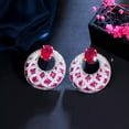 thumbnail image 5 of Silver Plated Hot Pink Red Cubic Zircon Big Round Oval Cut Dangle Drop Earrings, 5 of 8