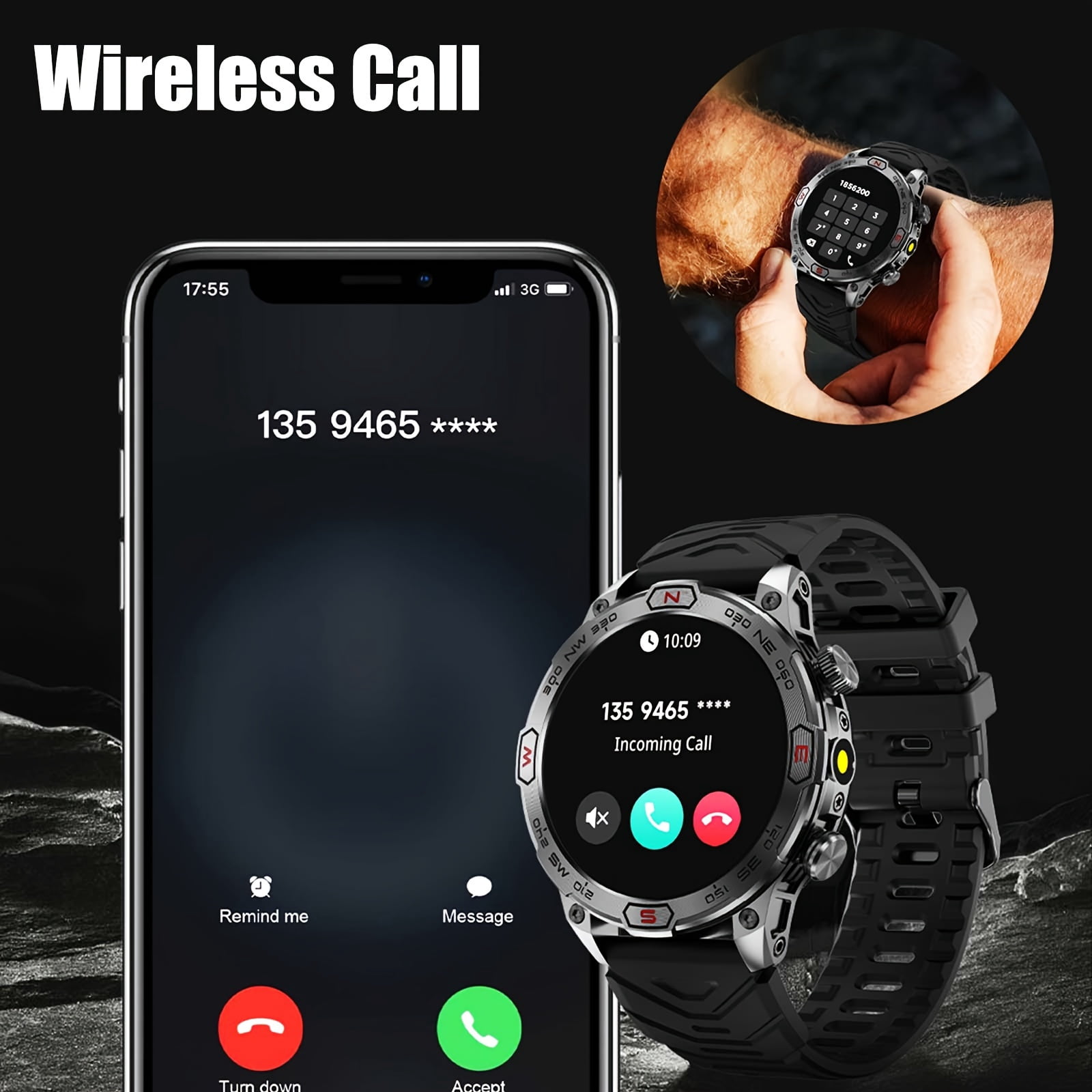 VOPOCO KC86 Smart Watches for Men, 1.43'' AMOLED Touch Screen Rugged Smartwatch with LED Flashlight Compass Altitude, 1ATM Waterproof Outdoor Sport Watch for Android iOS, 1pc, Orange