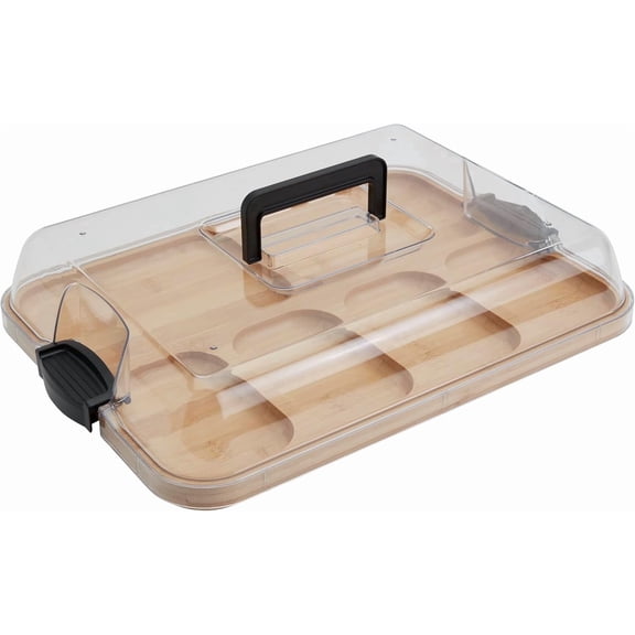Bamboo 6-Section Divided Serving Board with Clear Locking Lid, Handle for Charcuterie, Appetizer, Snack Platter – Reversible Cutting Board & Serving Tray with Compartments