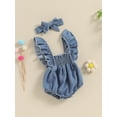thumbnail image 3 of Bagilaanoe Newborn Baby Girl Summer Denim Rompers Ruffles Fly Sleeve Bodysuits + Headband 3M 6M 9M 12M Infant Casual One Piece Short Jumpsuit, 3 of 8