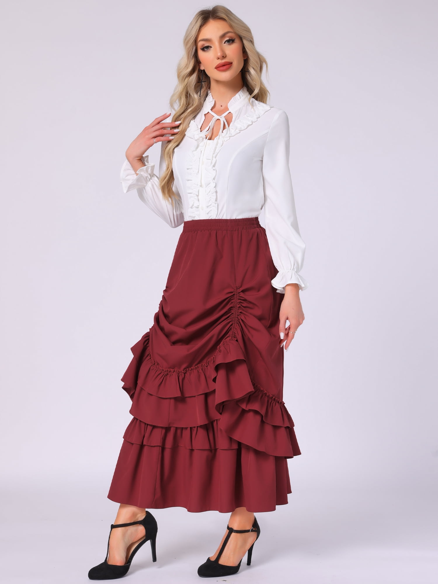 DARING DIVA Women's Vintage Gothic Victorian Steampunk Ruffle Layered Skirts XS Wine Red