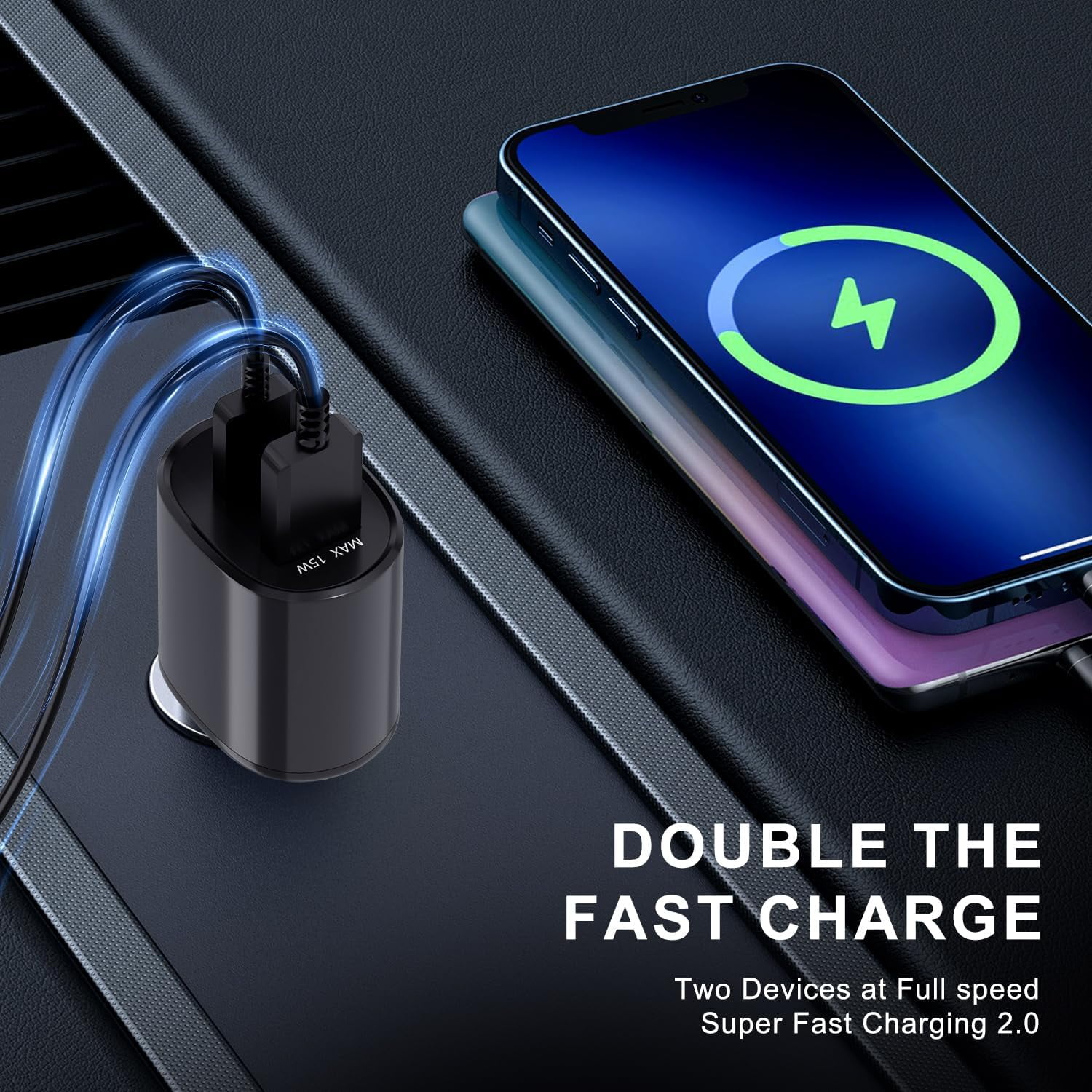 Samsung Super Fast Dual Car Charger (45W+15W) Dual Ports USB-C & USB-A with C-C 6.6ft Cable for Samsung S25 Ultra/S24 Ultra/S23 Ultra/S22+/S21/S20,iPad Pro,MacBook- Black