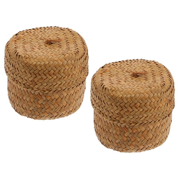 Luxshiny Set of 2 Handmade Woven Seagrass Storage Baskets Light Brown for Picnic, Party, Home Organization