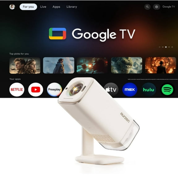 Aurzen BOOM air Google TV Projector with WiFi and Bluetooth, Portable Smart Projector for Home & Outdoor Movie, Real-Time Focus, Adjustable Stand, USB-C Powered, 4K Supported, DoIby Audio, Off-White