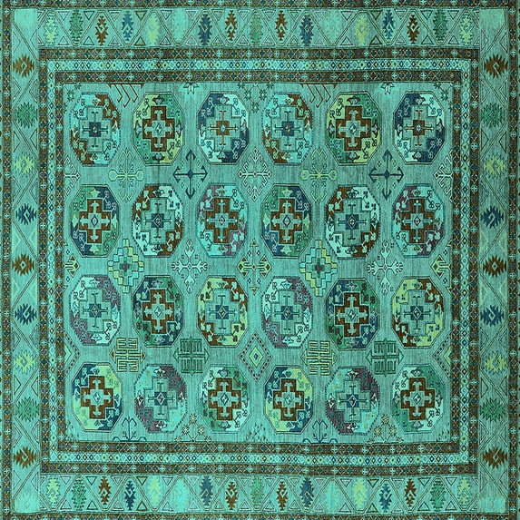 Ahgly Company Machine Washable Indoor Square Oriental Turquoise Blue Traditional Area Rugs, 7' Square