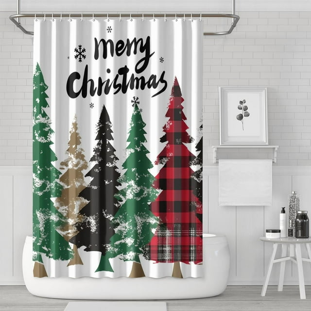 Rideau de Douche pour Salle de Bain Joyeux Noël Carreaux Buffalo Rouges Arbre Rideau de Salle de Bain Imperméable Rideaux de Salle de Bain Modernes Crochets Inclus,72x72 Pouces