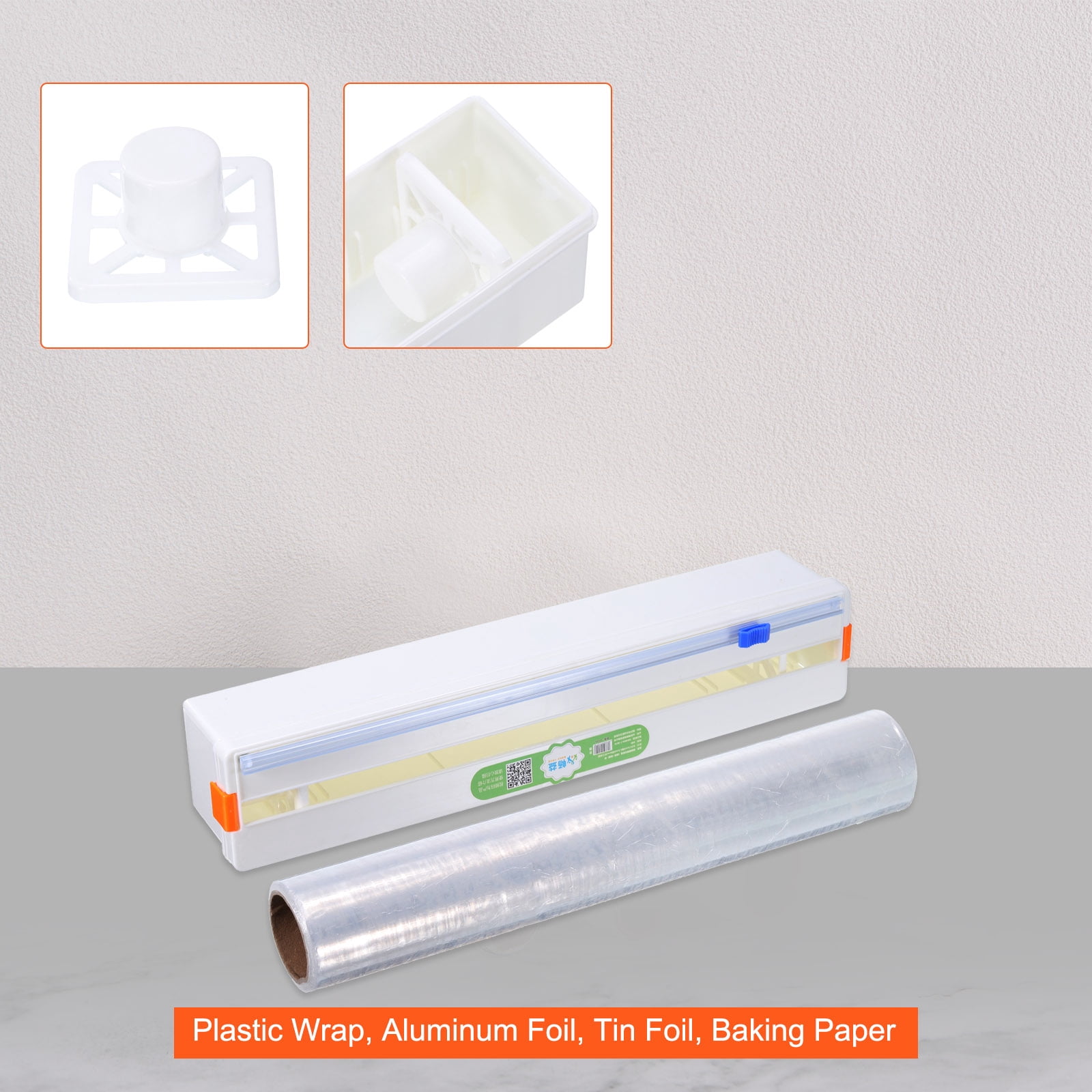 Plastic Wrap Dispenser with Slide Cutter, Cling Wrap Aluminum Foil Wrap Organizer, White