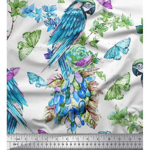 Soimoi Blue Cotton Duck Fabric Floral,Insect & Parrot Bird Fabric Prints by Yard 42 Inch Wide