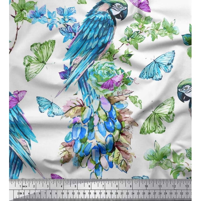 Soimoi Blue Rayon Fabric Floral,Insect & Parrot Bird Fabric Prints by Yard 56 Inch Wide