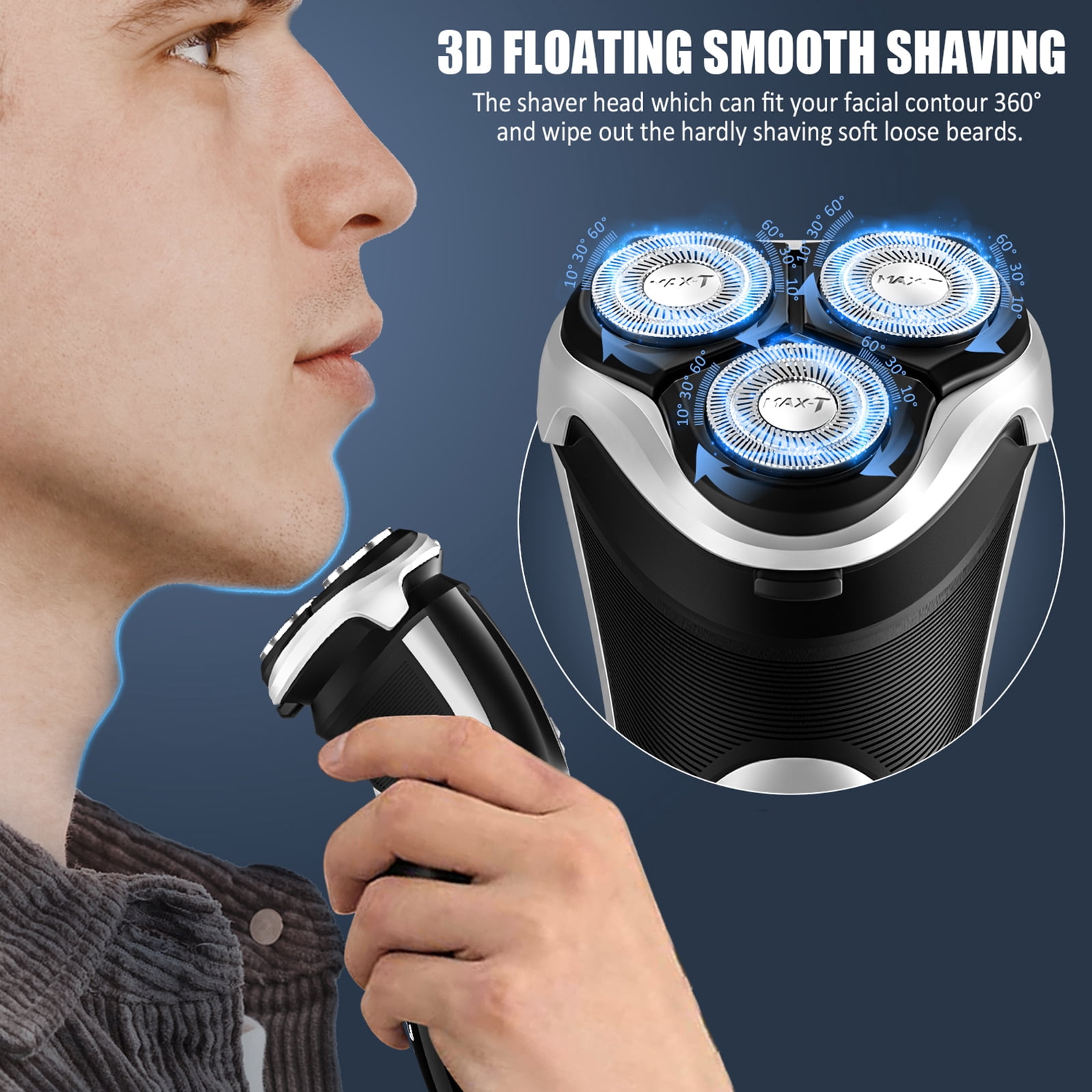MAX-T Electric Razor for Men, USB-C Fast Charge 1H/120Min, IPX7 Waterproof Wet Dry, Pop-Up Beard Trimmer, 3D Floating Head, LED Display, Gift for Men, Black