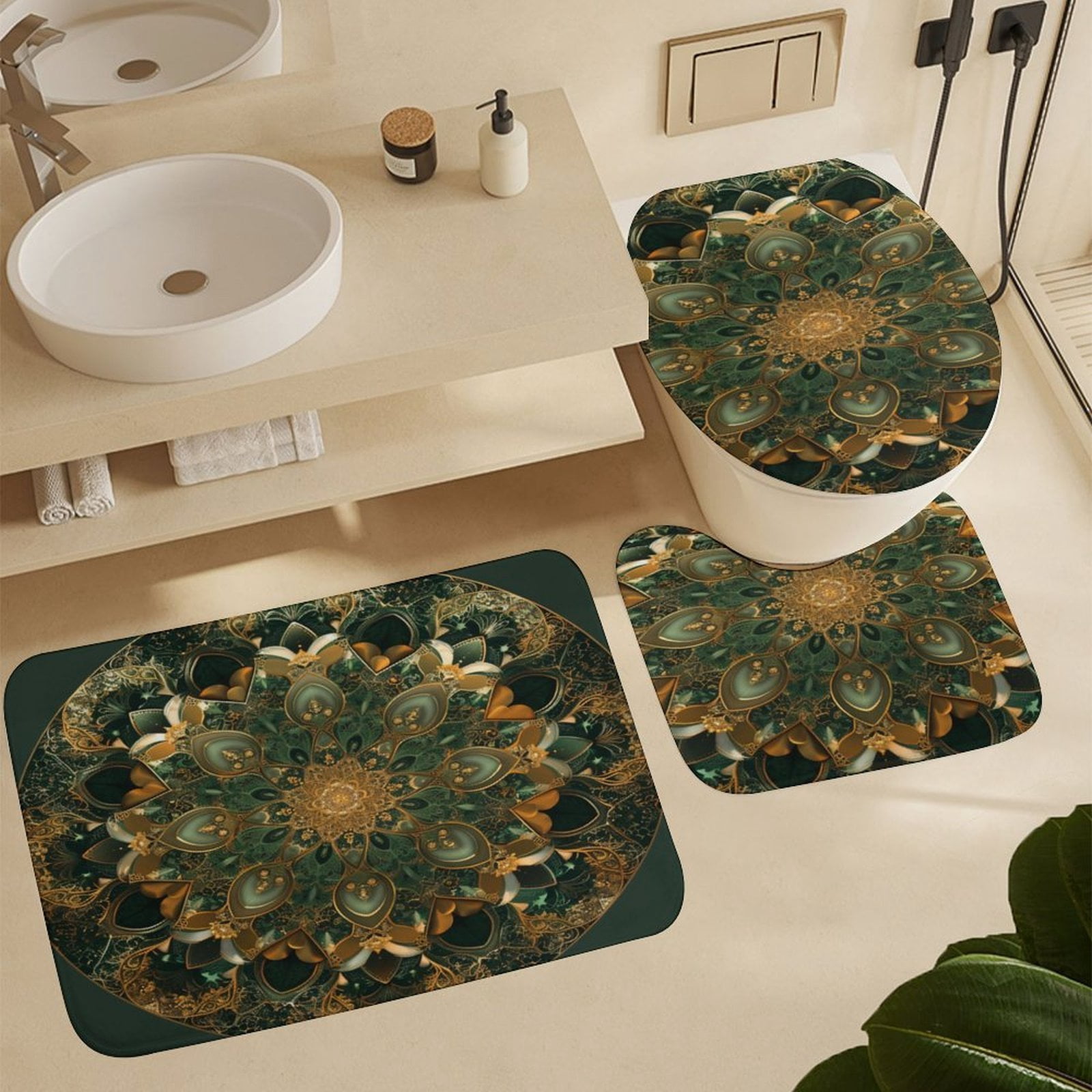 Mandala Design in Olive Green And Gold 4 Pcs Shower Curtain Sets with Non-Slip Rugs Toilet Lid Cover And Bath Mat Bathroom Decor Set Abstract Mandala Flowers Durable And Waterproof for Bathtub Decor