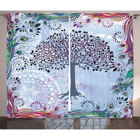 Tribal Triple Tree Nature Curtains 2 Panels Set, Cute Tree of Life Motif with Peacock Feathers Tribal Vintage Primitive Nature Illustration, Window Drapes for Living Room Bedroom, 108W X 84L Inches, Blue, by Ambesonne ()