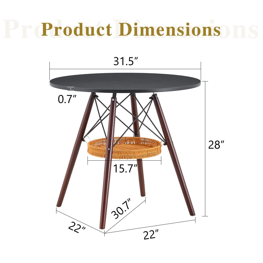 31.5" Round Dining Table, Black MDF Vacuum-Formed Tabletop with Walnut Solid Wood Legs, Woven Storage Basket, Modern Kitchen Table for 2-4
