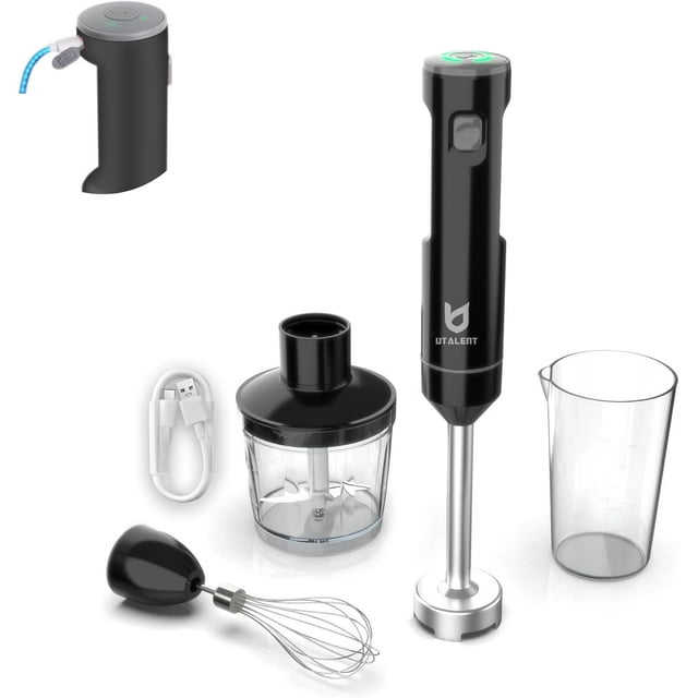 Cordless Hand Blender, Variable Speed Immersion Blender Rechargeable, with 500ml Chopper, 600ml container, Egg Whisk, for Smoothies, Baby Food and Soups – Black