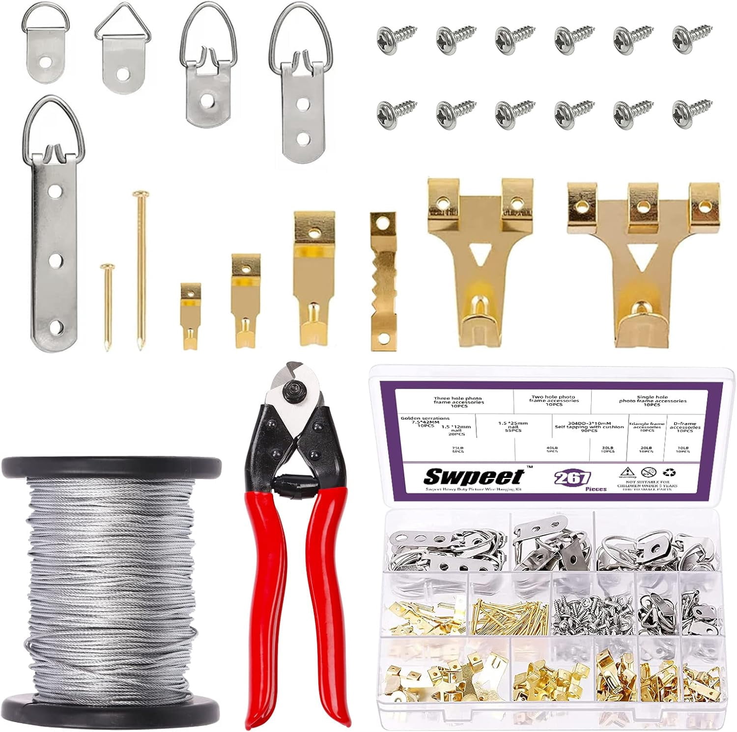 RGHJAR-192Pcs 10Ibs-75Ibs Picture Hangers and Cable Wire Cutter with Picture Hanging Wire Assortment Kit, Heavy Duty Picture Frame Hanging with Picture Hangers, Hooks, D Ring, Nails for Home Use