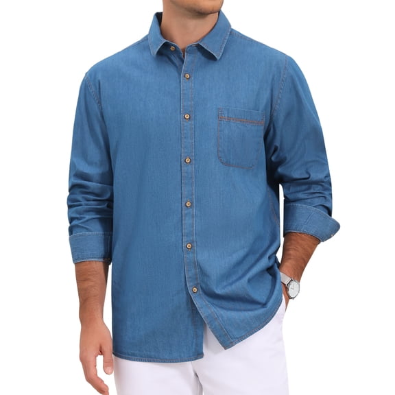 Men's Casual Chest Pocket Long Sleeve Button Down Outdoor Denim Shirt M Light Blue