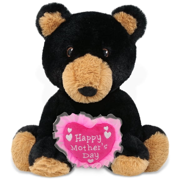 DolliBu Happy Mother's Day Super Soft Plush Black Bear - Cute Stuffed Animal Present With Pink Heart Message for Best Mommy, Grandma, Wife, Daughter - Cute Wild Life Plush Toy Gift - 9 Inches