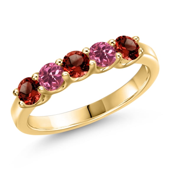 Gem Stone King 10K Yellow Gold Red Garnet and Pink Tourmaline Wedding-Bands Ring for Women | 0.90 Cttw | Round 3.5MM | Gemstone January Birthstone | Size 9