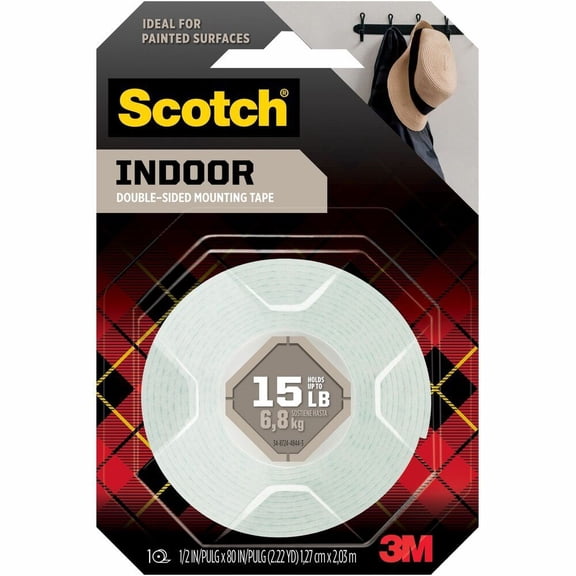 Scotch Indoor Double-Sided Mounting Tape, 1/2 in x 80 in, 1 Roll