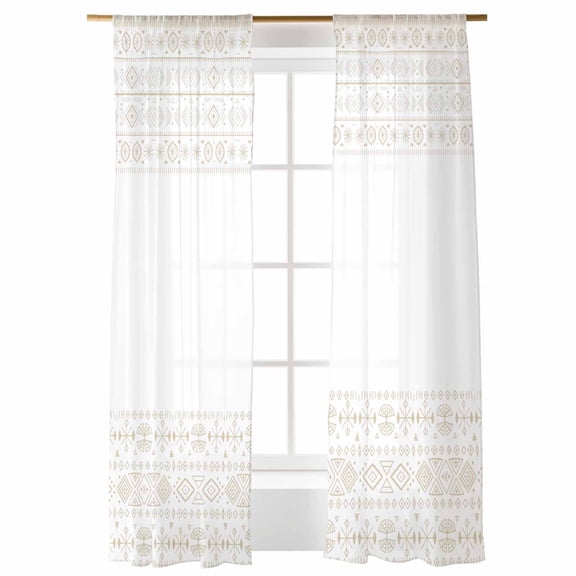 Sheer Curtains 108 inches Long, Bohemian Ethnic Brown Lines Linen Texture Light Filtering Sheer Window Curtains Rod Pocket Voile Drapes for Bedroom Living Room, 52"W x 108"L 2 Panels
