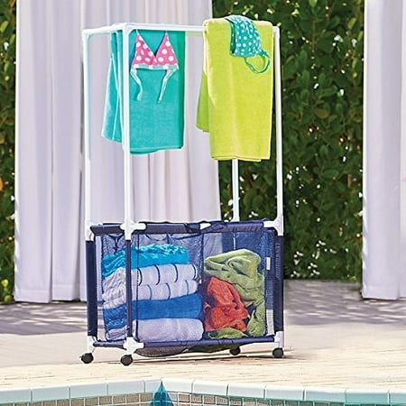 Rolling Pool Toy Storage Bin and Hamper with Towel Bar