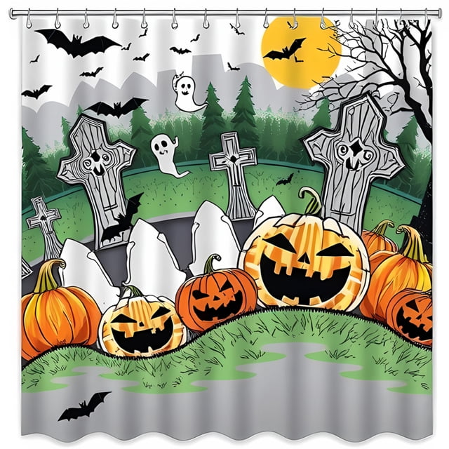 Whimsical Halloween Shower Curtain Cheerful Graveyard Scene with Ghosts & Lanterns