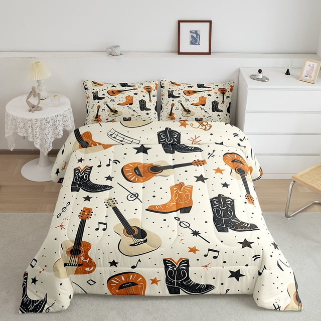 Erosebridal Wooden Guitar Bedding Full Comforter Set, Cowgirl Boot Down Comforter, Musical Note Decor, 3 Pieces