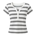 thumbnail image 4 of ZHOGXU Womens Summer T Shirt Short Sleeve V Neck Button Front Striped Print Lightweight Stylish Slim Fit Tee Top For Everyday Wear,White,Xl, 4 of 4