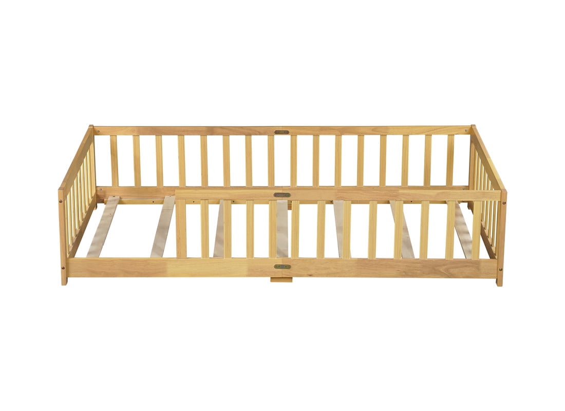 Bellemave Twin Size Floor Beds, Wood Montessori Bed with Fence Railings & Support Slats, No Box Spring Needed (Natural）