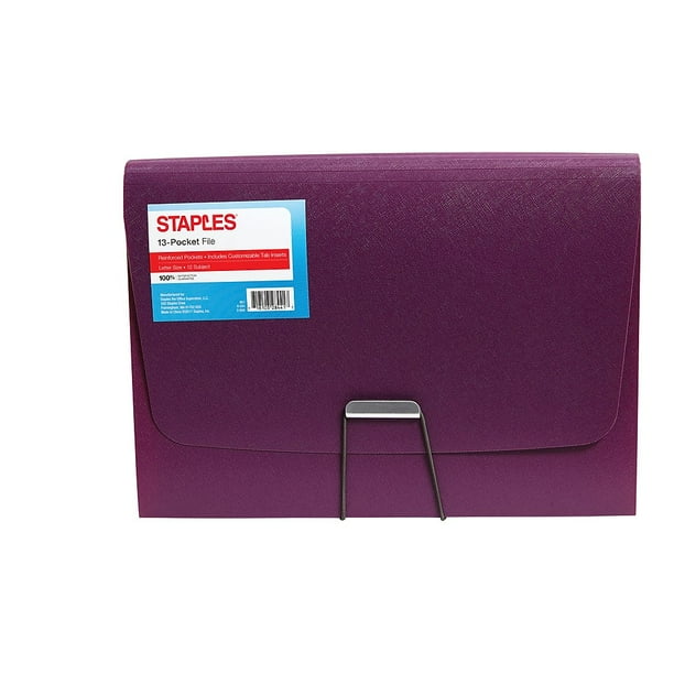 Staples Plastic 13 Pocket Reinforced Expanding Folder Letter Size