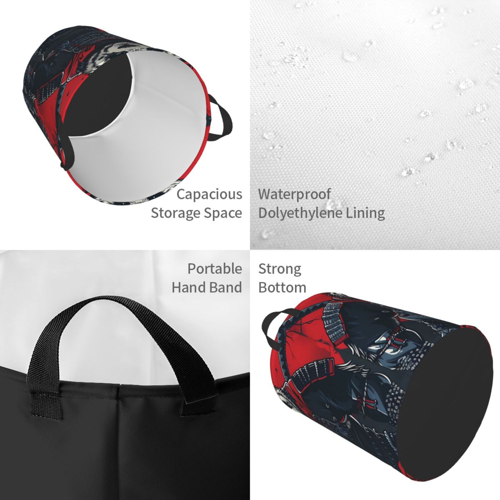 Fuzoiu Red Black Eastern Panda Warrior Print Circular Hamper,Laundry Basket with Handle,Collapsible Laundry,Dirty Clothes Storage Basket,for Bedroom Bathroom Dorm Living Room-Small