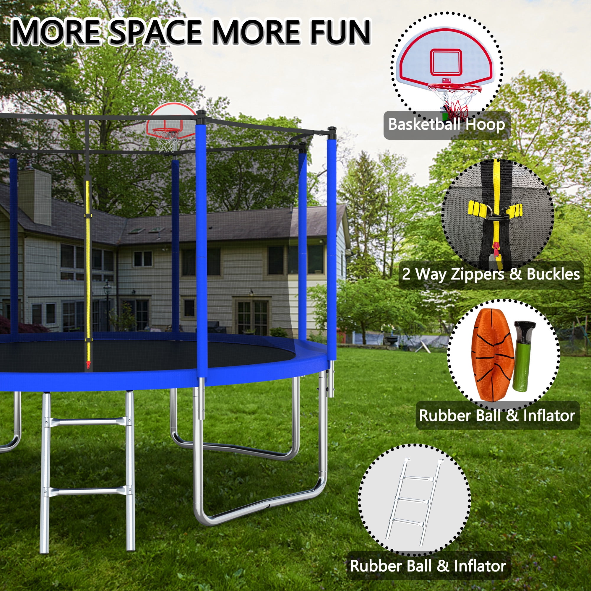 12FT Trampoline for Kids,Outdoor Trampoline with Basketball Hoop,Recreational Trampoline with Safety Enclosure Net,Blue