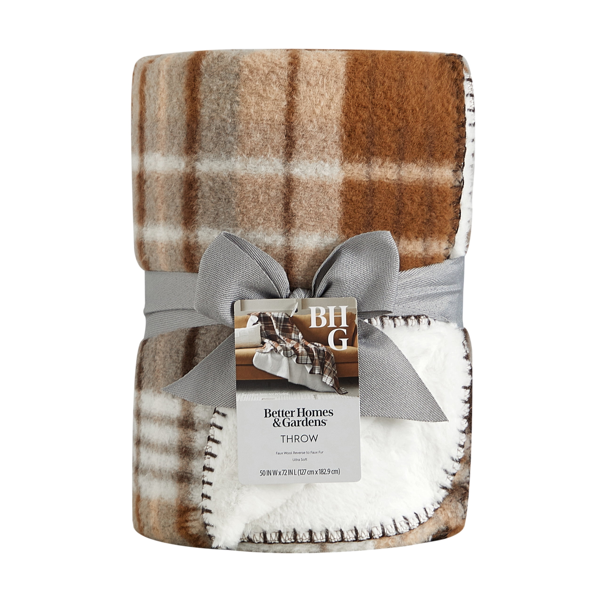 Better Homes & Gardens Brown Plaid Faux Wool Reverse to Faux Fur Throw, 50" x 72"
