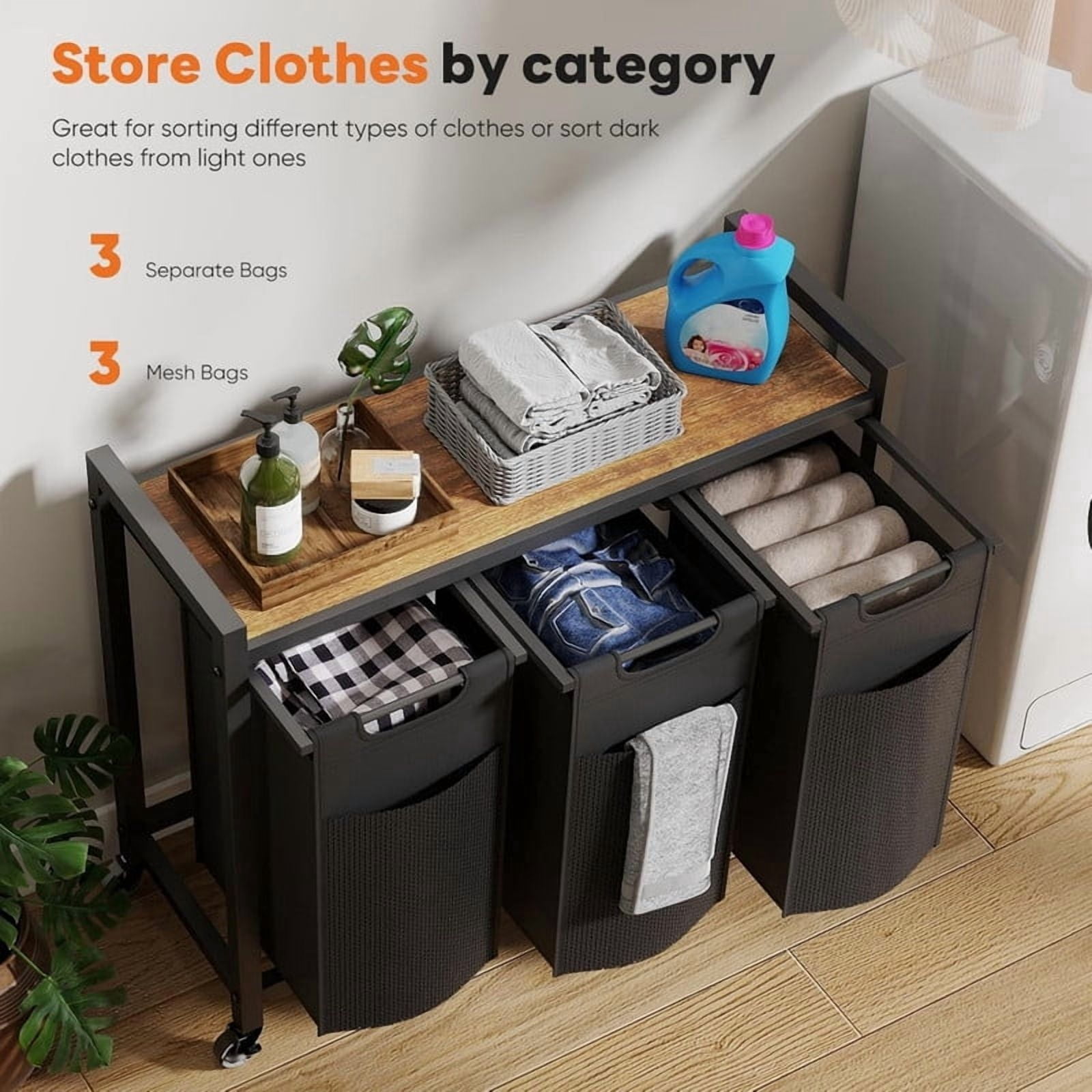 Kelno Laundry Sorter Rolling Laundry Basket with 3 Removable Bags Lockable Wheels Top Shelf, Black