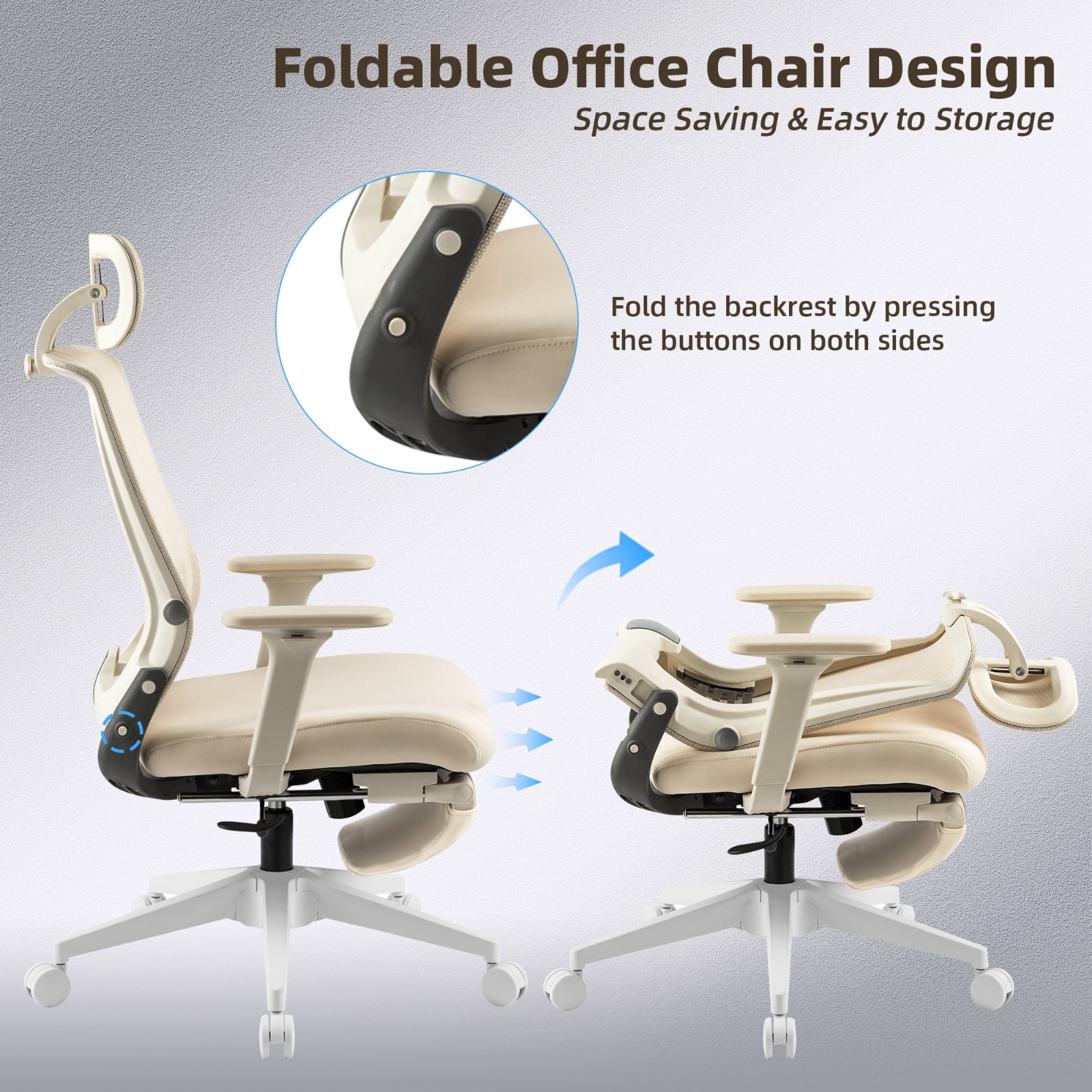 Hforesty Cream Foldable Office Chair with Footrest – Ergonomic Mesh Computer Chair, Lumbar Support, Swivel Tilt, 300lbs