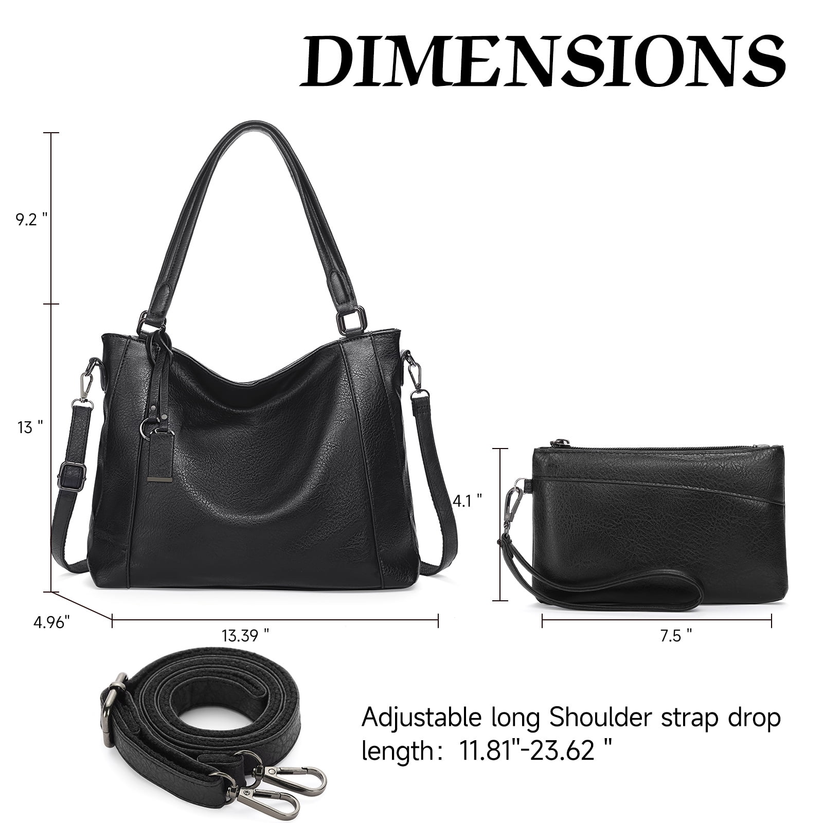 Sendefn Women's Leather Hobo Shoulder Satchel Tote Bag, Black, 2- Piece