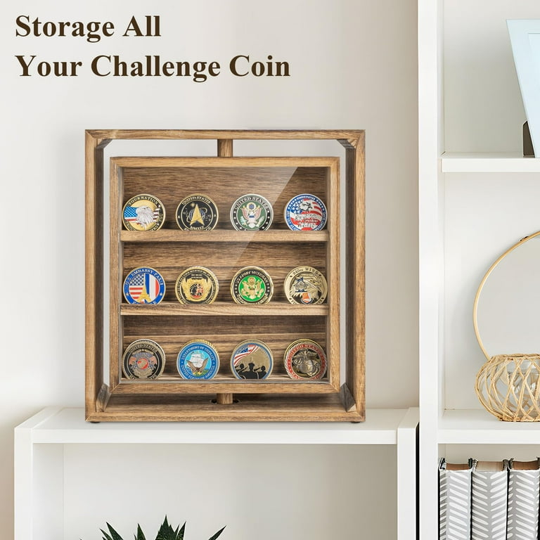 Sfugno Challenge Coin Display Wooden Rotatable Case Holds 33 Coins