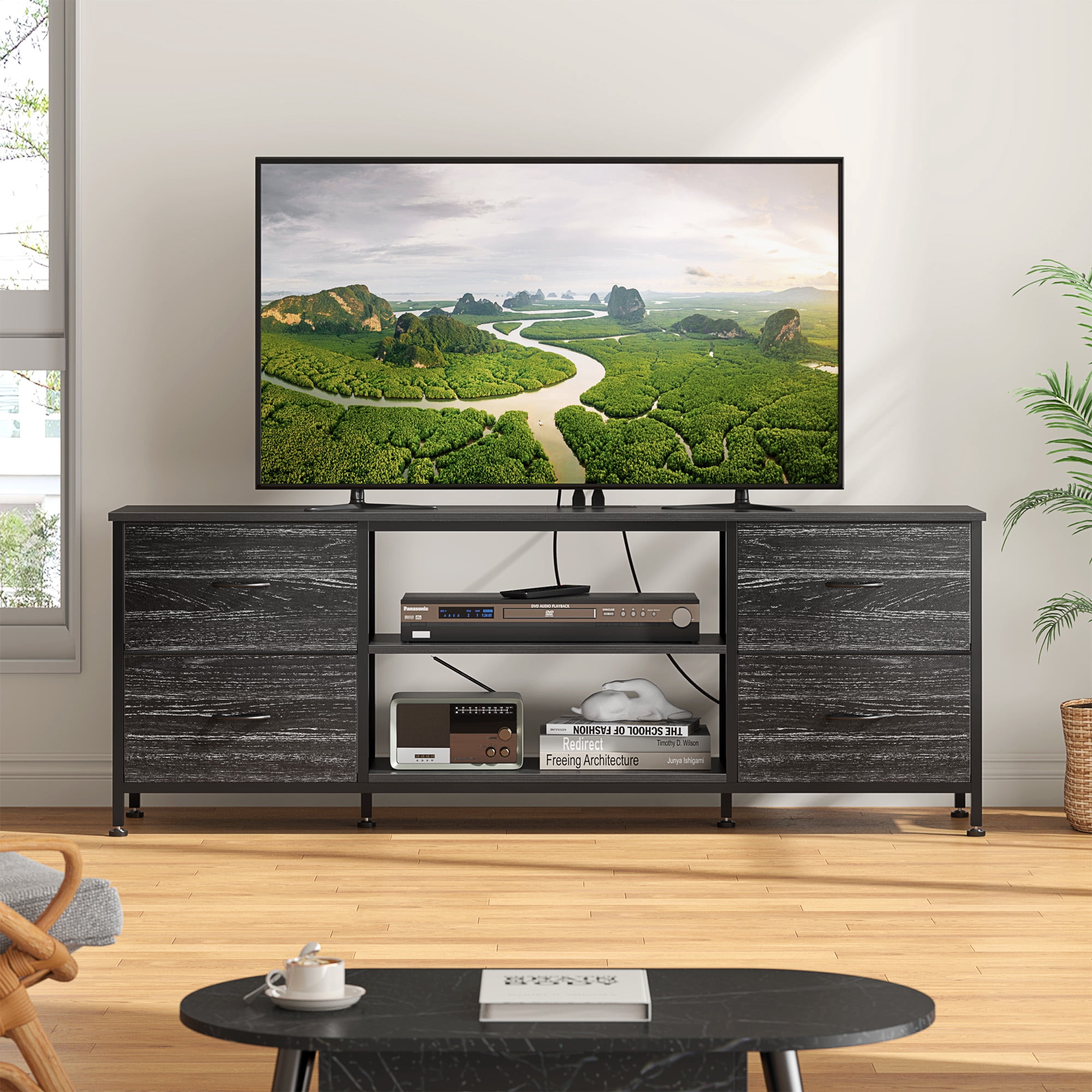 TV Stand for Bedroom, Television Stand for TV up to 60 Inch Entertainment Center Dresser with 4 Drawers Open Storage Shelves for Living Room, Entryway