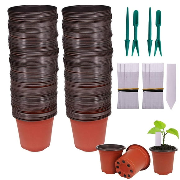 Huvai 200 Pcs 4 Inch Plastic Seedlings Plants Nursery Pots with 200 Pcs Waterproof Plastic Plant Tags and 2 Set Transplanting Digging Mini Tools for Outdoor use(Red Brown)