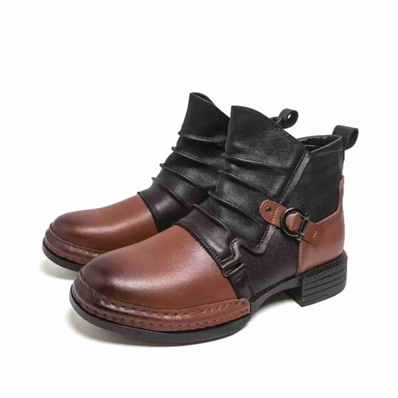 Men's Two-Tone Leather Chelsea Boots, Vintage Ruched Strap Buckle Chelsea Boots, Round Toe Comfortable Block Heel Casual Dress Boots