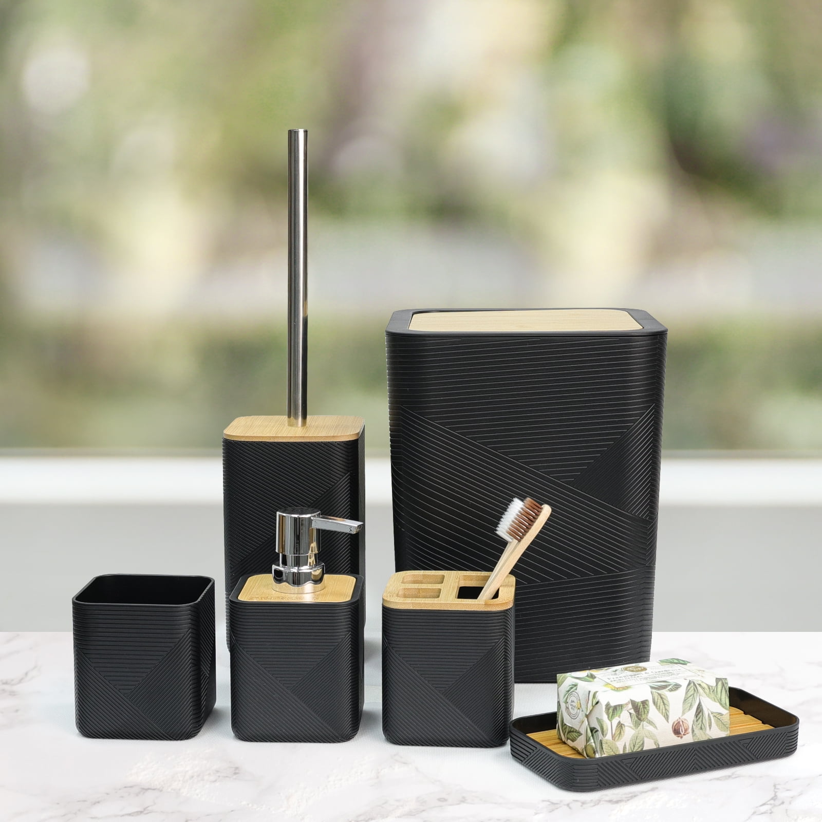 CERBIOR Bathroom Accessories Set 6 Piece Bamboo Bath Ensemble Includes Soap Dispenser, Toothbrush Holder, Toothbrush Cup, Soap Dish for Decorative Countertop and Housewarming Gift, Black