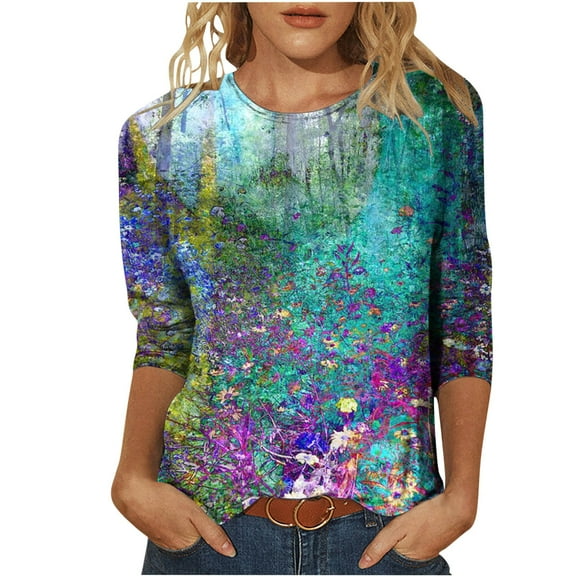 Herrnalise Women's Fashion Printed T-shirt 3/4 Sleeves Blouse Round Neck Casual Tops Sky Blue M