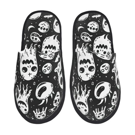 Balery Black White Spooky Ghosts Slient Indoor Furry Fleece Comfort House Shoes Soft Non-Slip Home Shoes Cotton slippers House Slippers-- Medium