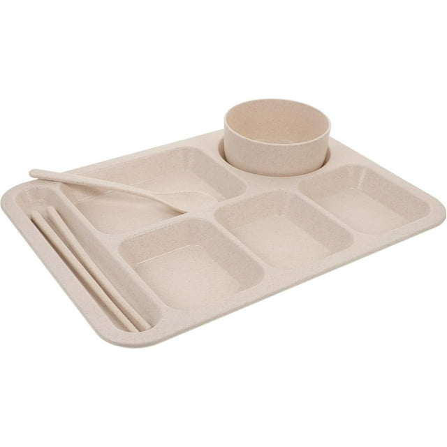 HUGFEGWE 1 Ensemble Plateau de Dîner Exquis Bol en Paille de Blé Plats de Riz Ensemble de Couverts Assiette de Section Alimentaire Assiette Compartimentée Assiette Compartimentée Plateau de Service pour Collations Assiettes à Lunch Assiettes Séparées Beige UA824-17530