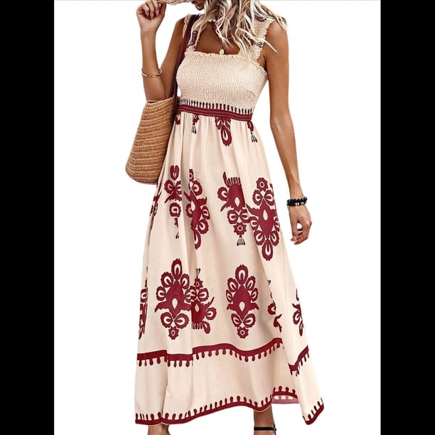 Vestido Bohemio con Cuello Cuadrado para Mujer, Informal, para y Verano, para Vacaciones en la Playa 2025 y Rojo M