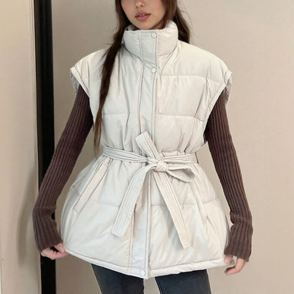 Hvyesh Womens Oversized Puffer Vest Stand Collar Full Zip Sleeveless Bubble Puffer Vest Quilted Padded Warm Coat Outwear with Belt