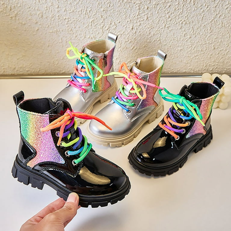 Mepaouo Colorful Ankle Boots for Girls Lace up Rainbow Shoelace