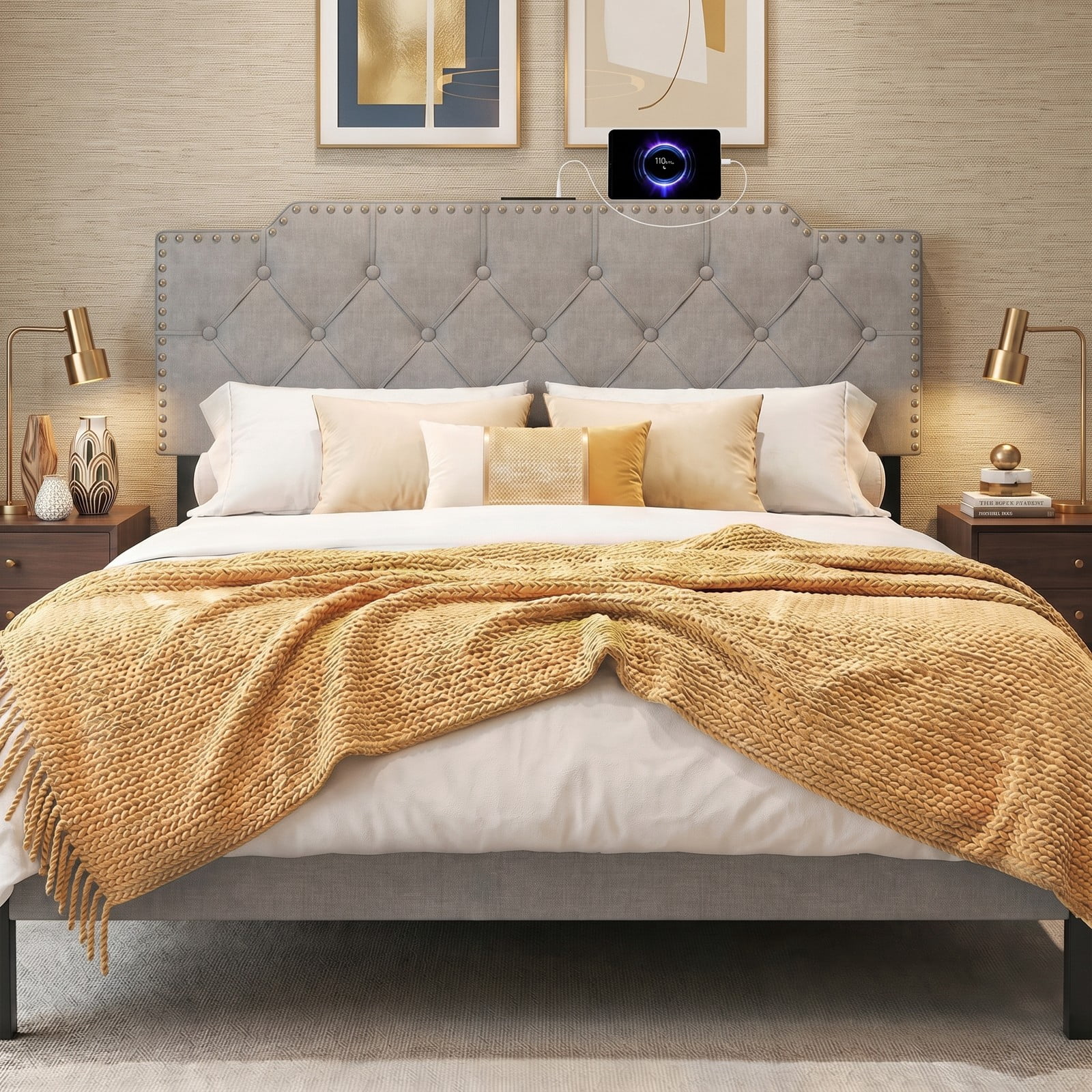 Furnibear Nailhead Trim Tufted Upholstered Headboard with 2 AC Outlets and USB and Type-C Ports for Full and Queen Beds, Gray
